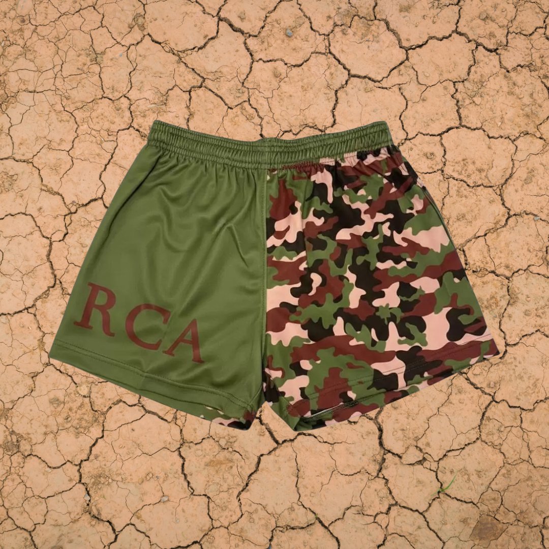RCA ARMY GREEN CAMO FOOTY SHORTS