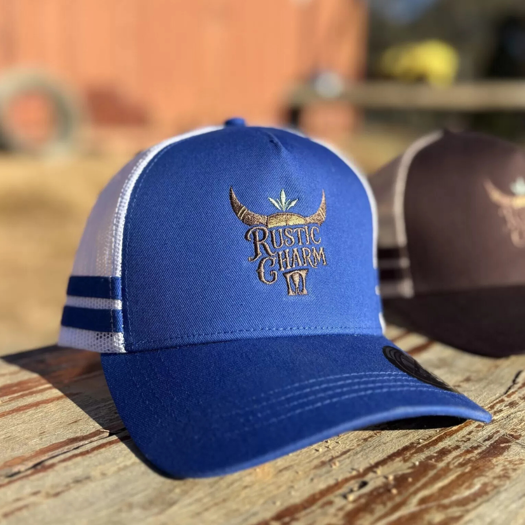 RCA Striped Trucker Cap - COBOLT BLUE/WHITE - EMBROIDERED LOGO