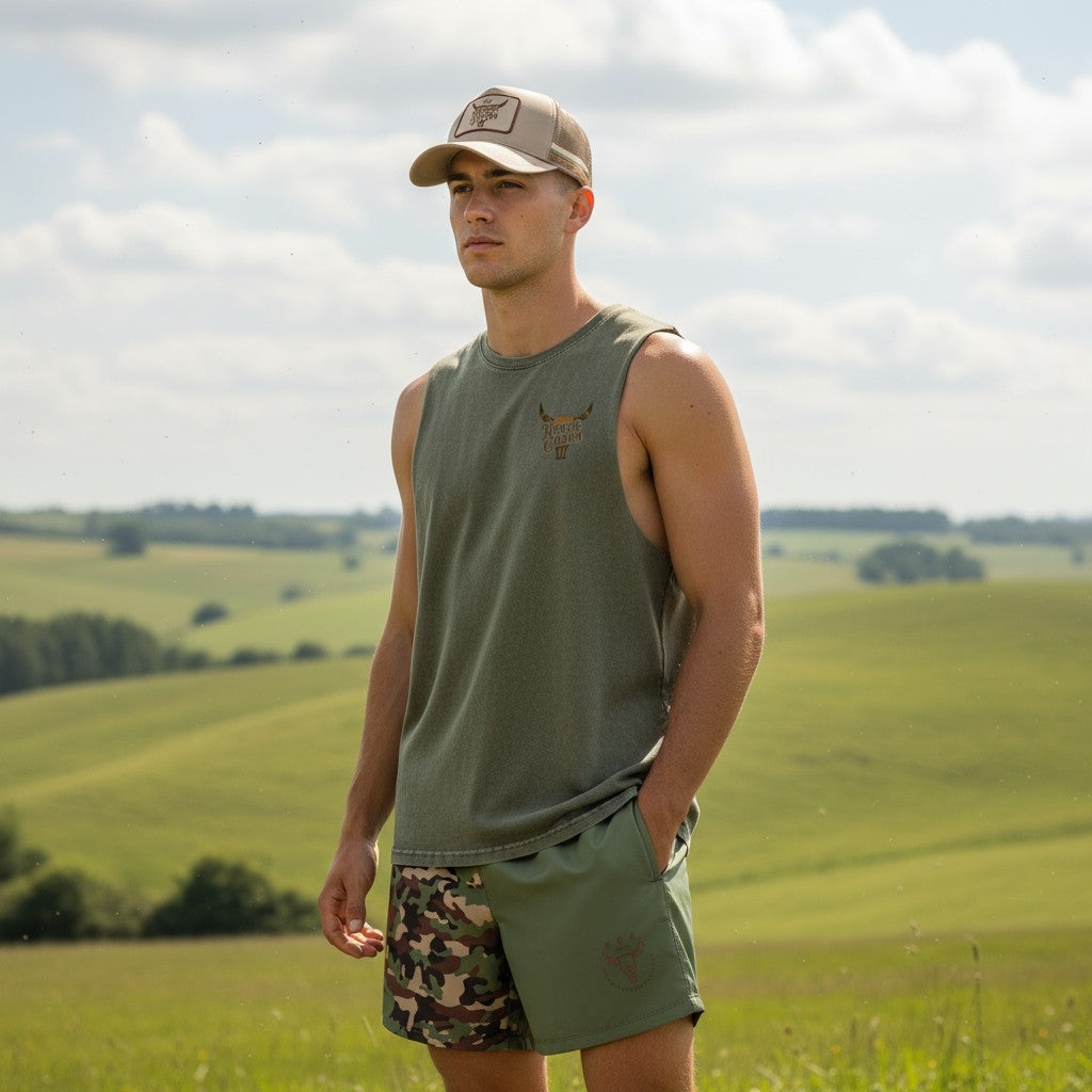 RCA ARMY GREEN CAMO FOOTY SHORTS
